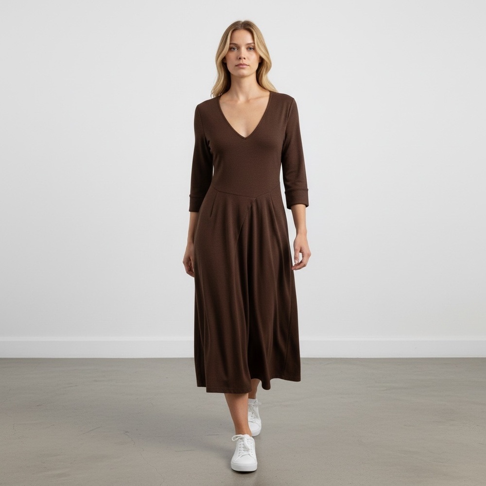 Strenesse Gabrielle Strehle Wool Blend Deep V MIDI Dress. Brown Size 6 #1024